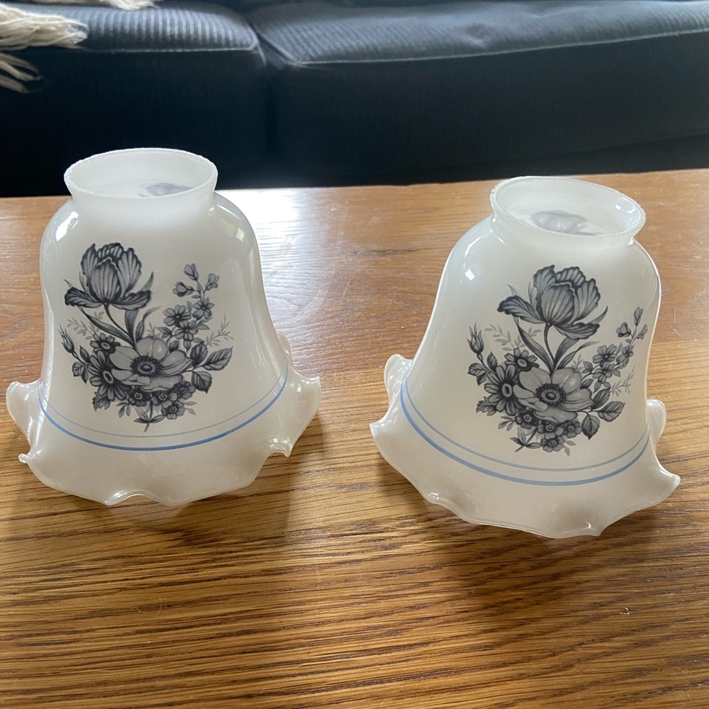 2 Vintage Milk Glass Blue Floral Shades